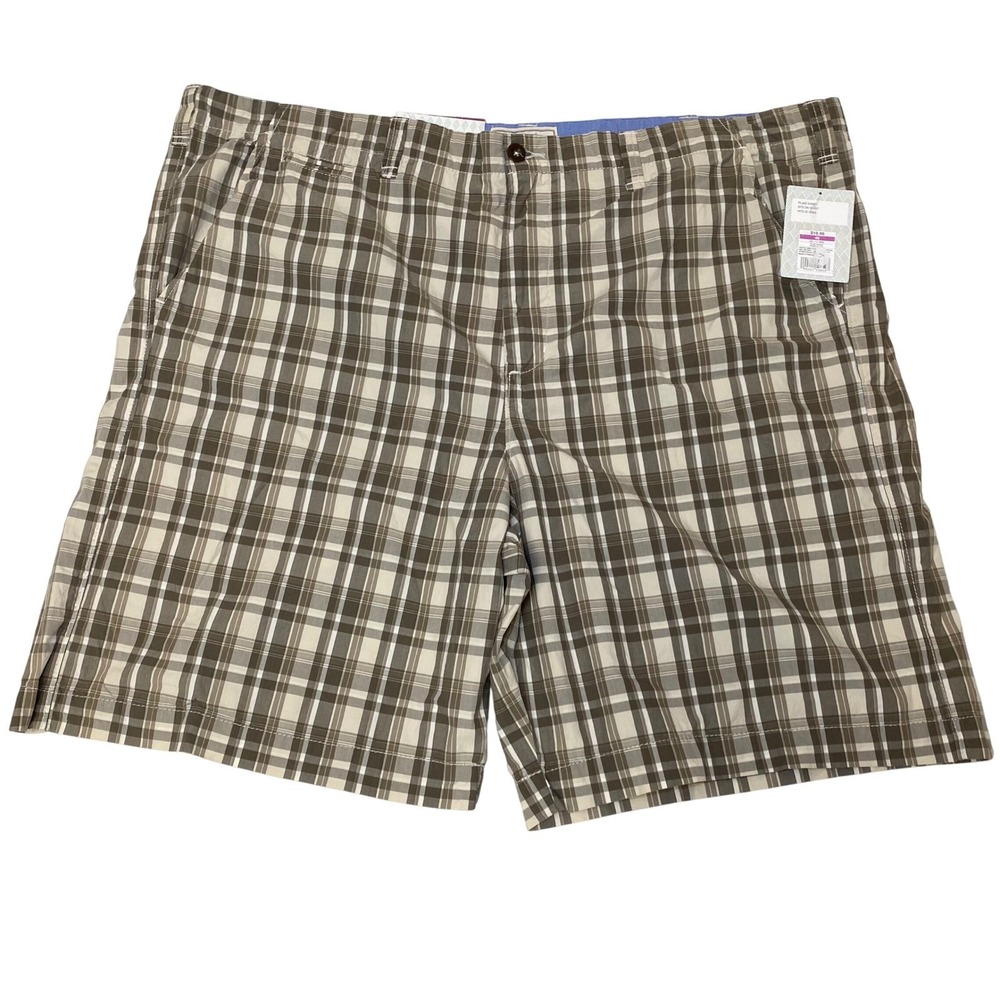 NWT Merona Plaid Shorts Men's 46 Brown Tan Cotton Flat Front Casual